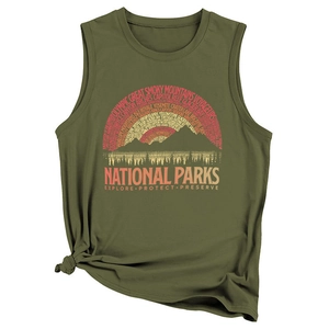 Detail of National Parks vintage print and stylish front knot on an olive green tank top
