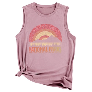 Detail of National Parks rainbow text print on pink sleeveless tank top for women