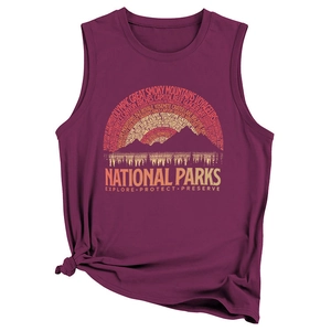 Detail of burgundy sleeveless tank top with side-knot design and national parks print