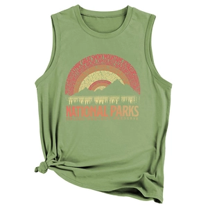 Olive green sleeveless National Parks tank top with a vintage rainbow mountain print