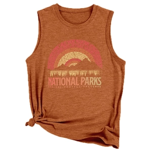 Close-up of caramel sleeveless tank top featuring National Parks print and knotted hem