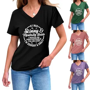 T-Shirt Femme Col en V Manches Courtes Impression Slogan Humoristique Mélange Coton Décontracté Été