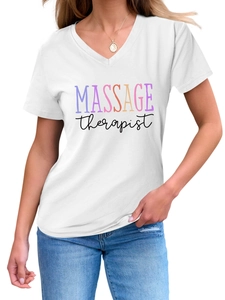 Detail of white V-neck cotton T-shirt with Massage Therapist graphic print for women