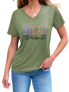 Close-up of green V-neck T-shirt with Massage Therapist print and gold pendant