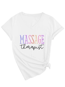 Detail of white V-neck T-shirt with MASSAGE therapist print and decorative knot at the hem
