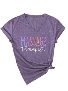 Purple V-neck T-shirt for massage therapists with rolled sleeves and a stylish side knot