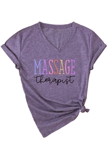Close-up of purple V-neck massage therapist t-shirt with stylish side knot detail