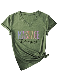 Detail of V-neck massage therapist t-shirt in vintage green with knotted hem design