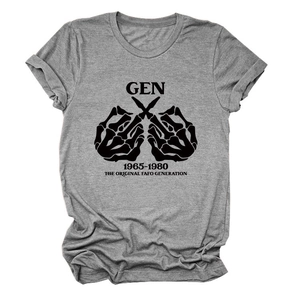 Details des grauen Rundhals-T-Shirts mit Skeletthänden-Grafikdruck Gen 1965-1980