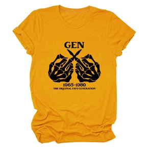 Flache Ansicht eines senfgelben T-Shirts mit schwarzem Gen 1965-1980 Grafikdruck