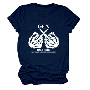 Dunkelblaues Baumwoll-T-Shirt mit weißem Gen 1965-1980 Grafikdruck in Flachlage