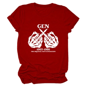 Detail von Gen 1965-1980 Grafik mit Skelett-Mittelfingern auf dunkelrotem T-Shirt