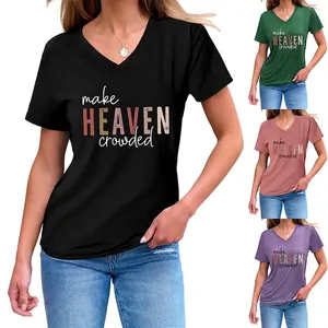 T Shirt Décontracté en Mélange de Coton pour Femmes Col en V Manches Courtes Coupe Large Imprimé Slogan Make Heaven Crowded Top