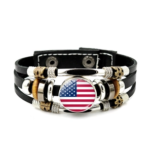 Retro multilayer leather USA flag bracelet with wooden beads and alloy charms