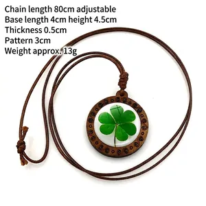 Retro wooden four-leaf clover pendant necklace with adjustable brown wax rope cord