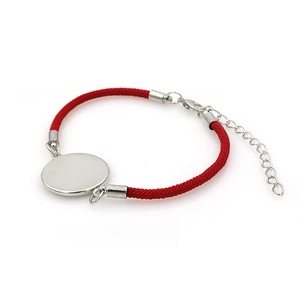 Red braided rope couple bracelet with silver round pendant and adjustable metal clasp