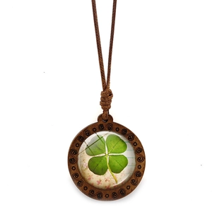 Vintage wooden clover pendant necklace with spiral texture and woven cord for lucky style