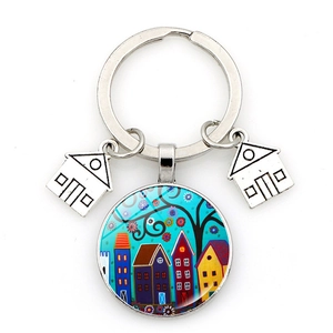 Artistic Scenery House Tree Keychain With Zinc Alloy Miniature House Charms Glass Cabochon Pendant Keychain For Bag Car Keys Decor Gift