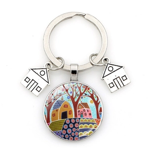 Starry sky house keychain with colorful hand-painted art glass pendant and silver charms