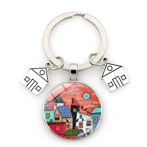 Starry sky house keychain with circular art pendant and silver alloy house charms