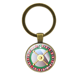 Détail du porte-clés roulette vintage avec dôme en verre et finition en alliage de bronze