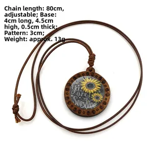 Vintage houten zonnebloem hanger ketting met verstelbaar bruin gevlochten koord dames