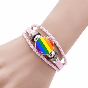 Bracciale multistrato in pelle intrecciata rosa con ciondolo arcobaleno per coppie