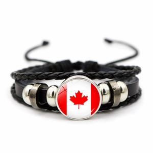 Retro Multilayer Braided Leather Bracelet With National Flag Glass Cabochon Pendant Adjustable Ethnic Wristband For Men Women Fashion Jewelry Gift