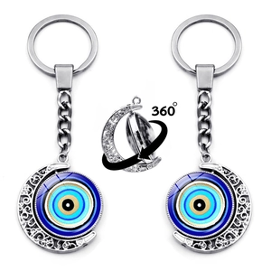 Turkish Evil Eye Crescent Moon Keychain Rotating Double Sided Pendant Alloy Glass Nazar Amulet Key Ring Jewelry Gift Unisex
