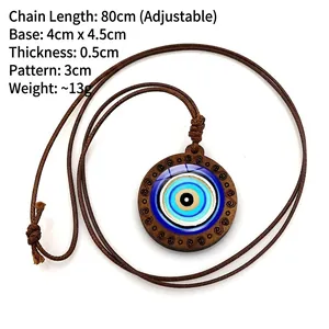 Turkish evil eye wooden pendant necklace with adjustable 80cm brown wax rope cord