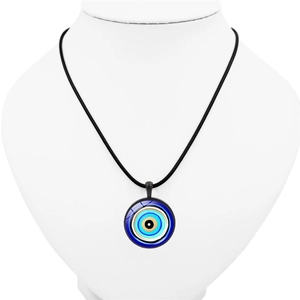 Blue Turkish evil eye amulet pendant on black cord necklace shown on white model bust