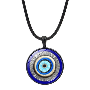 Turkish evil eye pendant necklace with black cord on a clean white background