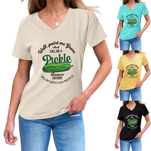 Detail view of V-neck T-shirts with funny pickle quote in beige, blue, yellow, and black