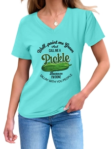 Detail of V-neck t-shirt with funny pickle graphic and quote on mint green fabric