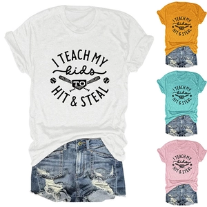 Detail view of cotton t-shirt colors featuring baseball print and distressed denim shorts