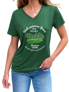 Close-up of green V-neck T-shirt showing soft fabric texture and pickle graphic print