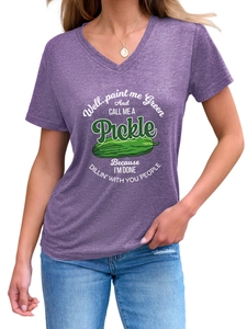Close-up of V-neck purple heather t-shirt with a green pickle print and funny slogan