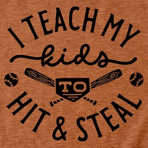 Detail of the baseball print and heathered fabric on the orange-brown crewneck t-shirt