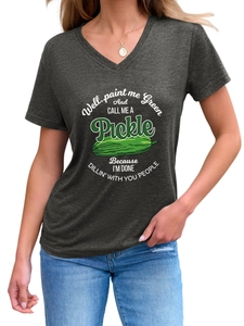 Detail of grey V-neck T-shirt with funny green pickle graphic and soft cotton texture