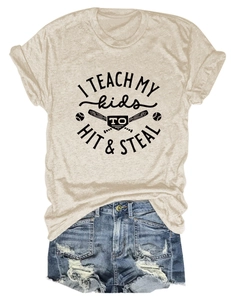 Detail of beige I TEACH MY KIDS T-shirt with baseball graphic and frayed denim shorts
