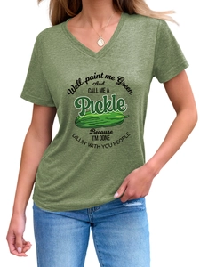 Close-up of olive green V-neck T-shirt featuring funny cucumber graphic and quote