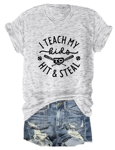 Flat lay of gray t-shirt with baseball slogan and distressed blue denim shorts