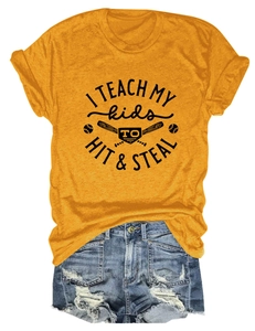 Detail shot of yellow T-shirt with baseball slogan and distressed blue denim shorts
