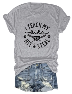Flat lay of gray cotton baseball t-shirt with I Teach My Kids slogan and denim shorts