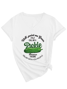 Detail of white V-neck T-shirt with green pickle graphic and stylish side knot design