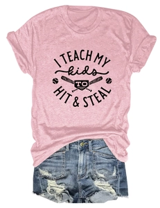 Detail view of pink baseball graphic t-shirt and blue distressed denim shorts set