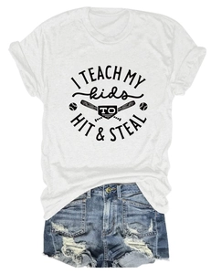 Close-up of white crew neck tee with 'I Teach My Kids' print and denim shorts