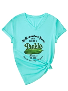 Detail of light blue V-neck T-shirt featuring creative well paint green and pickle print