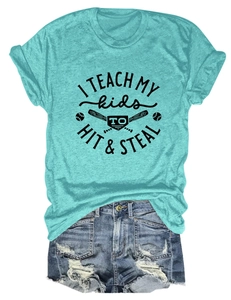 Flat lay detail of turquoise baseball print T-shirt paired with frayed denim shorts