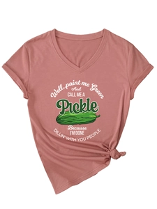 Close-up of V-neck women's t-shirt in dusty rose with pickle print and front knot detail